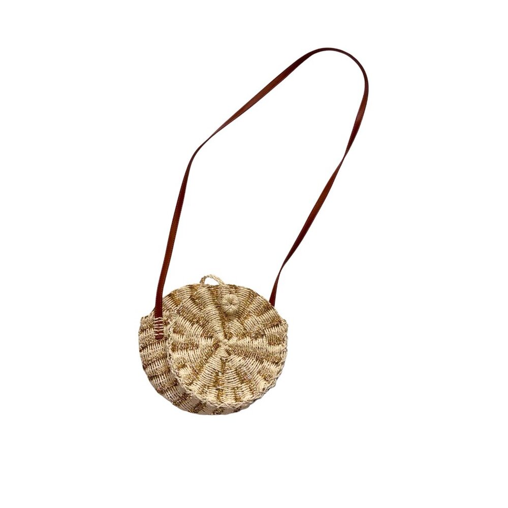American Eagle Straw Round Crossbody Bag Gold Thread Woven Tan